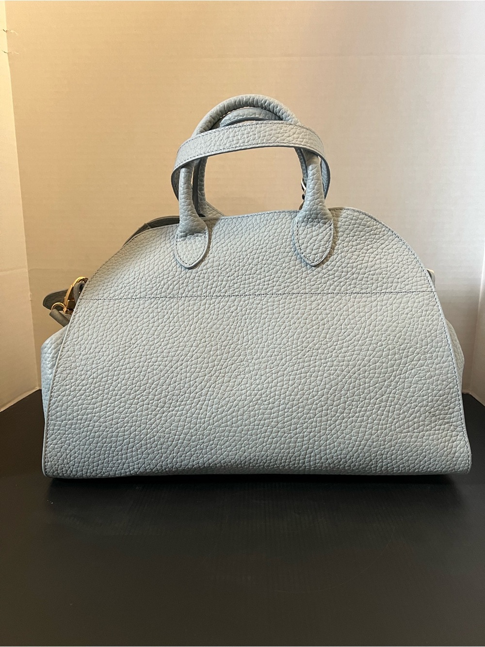 Light Blue Structured Leather Satchel Bag with Strap - Picture 3 of 9